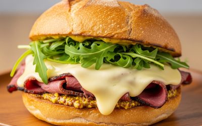 sándwich de pastrami con queso gouda y mostaza